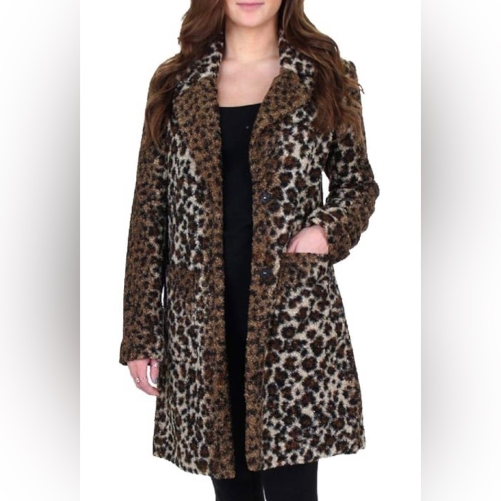 French Connection Coat Curly Leopard Print faux Sherpa XL‎